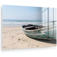 MuchoWow Glasschilderij 180x120 cm - Schilderij acrylglas - Boot - Zandstrand - Zee - Foto op glas - Muurdecoratie woonkamer - Wanddecoratie slaapkamer - Schilderijen