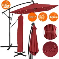 ML-Design Ampel parasol Ø 330 cm midden LED Solar Rood 360° Aluminium Rechthoekige parasol met zwengel, hoes & staander