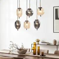 LumenXL 6-lichts hanglamp Phora met smoke- en licht amber glas en gouden accenten