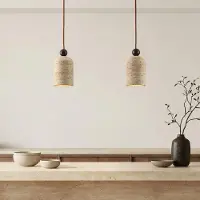 LumenXL Japandi hanglamp Voro van travertin (natuursteen) en hout, 2-lichts