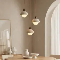 LumenXL Moderne hanglamp Vara van travertin (natuursteen), hout en melkwit glas, 3-lichts