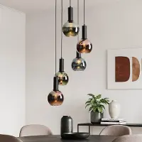 LumenXL 5-lichts design hanglamp Imme met grijsblauw smoke-, groen- en koperglas