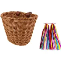 Mini Mandje kinderfiets loopfiets - gevlochten kunststof rotan riet - verstelbare bandjes donkerbruin + stuurslingers