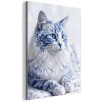 MuchoWow Aluminium schilderij 60x80 cm - Wanddecoratie metaal - Kat - Patroon - Blauw - Metalen muurdecoratie woonkamer - Decoratie industrieel - Foto op dibond - Industriële accessoires slaapkamer