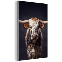 MuchoWow Aluminium schilderij 120x180 cm - Wanddecoratie metaal - Stier - Kleurrijk - Hoorns - Metalen muurdecoratie woonkamer - Decoratie industrieel - Foto op dibond - Industriële accessoires slaapkamer