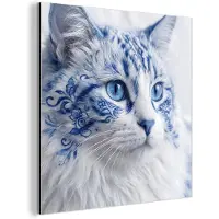 MuchoWow Aluminium schilderij 50x50 cm - Wanddecoratie metaal - Kat - Patroon - Blauw - Metalen muurdecoratie woonkamer - Decoratie industrieel - Foto op dibond - Industriële accessoires slaapkamer