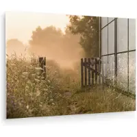 MuchoWow Glasschilderij 180x120 cm - Schilderij acrylglas - Hek - Natuur - Mist - Veld - Foto op glas - Muurdecoratie woonkamer - Wanddecoratie slaapkamer - Schilderijen