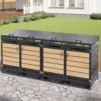 OKWISH Buitenopslagbox, tuincontainer voor afval met hydraulisch deksel, opbergkast met slot en vierdeuren, horizontale houten uitstraling, geschikt voor buitengebruik, zwart