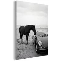 MuchoWow Aluminium schilderij 120x160 cm - Wanddecoratie metaal - Paard - Auto - Zwart - Wit - Metalen muurdecoratie woonkamer - Decoratie industrieel - Foto op dibond - Industriële accessoires slaapkamer