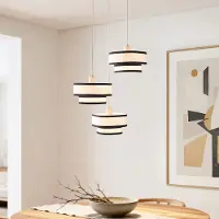 LumenXL 3-lichts hanglamp Luxin met dubbele linnen kappen – gebroken wit met zwarte accenten
