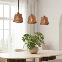 LumenXL 3-lichts hanglamp Veya met naturel bamboe kappen en warm brons