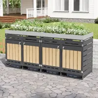 OKWISH Afvalcontainerombouw – Met Plantenbak – 4 Vakken – IJzer – Zwart – Ventilerend En Afsluitbaar Voor Tuin En Terras