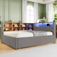 OKWISH : Gestoffeerd bed, Uitschuifbaar bed 140x200, Uitschuifbaar bed 90x190, met LED-verlichting, lades en veel opbergruimte, Flanel, met matras, Beige