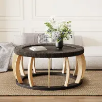 OKWISH Salontafel – Ronde Vintage Tafel Met Rotanlook – Voor Woonkamer, Eethoek En Keuken – Massief Hout En MDF Zwart Bruin – 90 cm