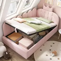 MODFU Bedbank 90x190 cm – Met hydraulische opbergruimte – Kroon- & spijldesign – Fluweel – Roze