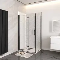 AICA 120x76x195cm douchecabine met inklapbare vouwdeur en vaste zijwand, 6mm helder EasyClean veiligheidsglas,mat zwarte aluminium frame