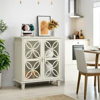 OKWISH Dressoir – Retro Design Met Glazen Deuren – Vrijstaand Voor Keuken Badkamer En Hal – MDF Crème – Met Verstelbare Legplanken