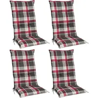 Beautissu Sunny RK – Set van 4 Tuinkussens Hoge Rug 120x50 cm met UV-lichtechtheid Comfortabele Tuinstoel Zitkussen Rood Grijs geruit