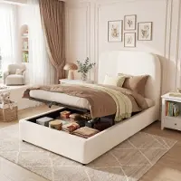 OKWISH Gestoffeerd eenpersoonsbed 90x200 met opbergruimte onder het bed, hydraulisch verstelbaar, tienerbed met gestoffeerd hoofdeinde en lattenbodem, beige (zonder matras)