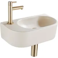 Qeramiq Fuente Fonteinset - 40x21.5x12cm - links - glad - halfrond - 1 kraangat - keramiek - fonteinkraan geborsteld messing - afvoerplug - verlaagd sifon - beige SW1209557/SW696208/SW696218/SW696238