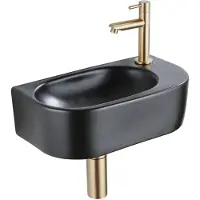 Qeramiq Fuente Fonteinset - 40x21.5x12cm - rechts - glad - halfrond - 1 kraangat - keramiek - fonteinkraan geborsteld messing - afvoerplug - verlaagd sifon - zwart mat