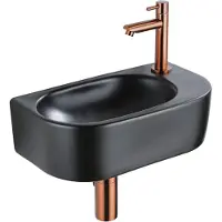 Qeramiq Fuente Fonteinset - 40x21.5x12cm - rechts - glad - halfrond - 1 kraangat - keramiek - fonteinkraan geborsteld koper - afvoerplug - verlaagd sifon - zwart mat