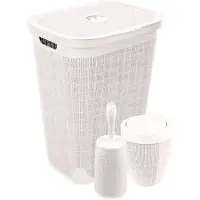 Addis Set 'Hessian' - Wasmand 60 liter - Toiletborstel doseersysteem - Prullenbak swingdeksel - Crème