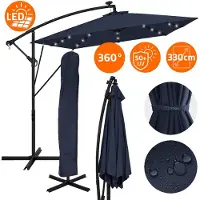 ML-Design Ampel parasol Ø 330 cm mid LED Solar Marineblauw 360° Aluminium Rechthoekige parasol met zwengel, hoes & staander