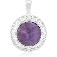 Cavill - Zilveren Hanger - 925 Sterling Zilver Gerhodineerd - 9,68 ct Prachtige Paarse Charoite Ronde Cabochon 15 mm - Luxe Sieraad Uit Rusland