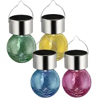 Sunnydays Solar sfeer hanglamp - 4x stuks - geel / groen / roze / blauw - 9 cm - glas - aan haak