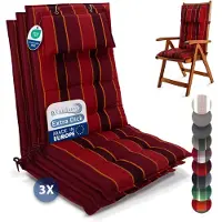 Beautissu Sun-HL - Set van 3 Premium Hoge Rugleuning Kussen met Hoofdkussen 120x50 cm – UV-bestendig & 8cm Dik Kussen Tuinstoelkussen Antislip Bevestigingsbanden – Stevige Stof Rood gestreept