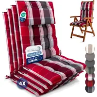 Beautissu Sun-HL – Set van 4 Premium Hoge Rugleuning Stoelkussen 120x50 cm – UV-bestendig – 8cm Dik – met Hoofdkussen & Bevestigingsbanden – Antislip – Rood Antraciet Gestreept