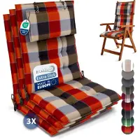 Beautissu Sun-HL - Set van 3 Premium Hoge Rugleuning Kussen met Hoofdkussen 120x50 cm – UV-bestendig & 8cm Dik Kussen Tuinstoelkussen Antislip Bevestigingsbanden – Stevige Stof Oranje Beige geblokt