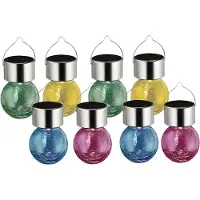 Sunnydays Solar sfeer hanglamp - 12x stuks - geel / groen / roze / blauw - 9 cm - glas - aan haak