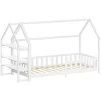 ML-Design Kinderbed huisbed 90x200 cm van grenenhout wit met uitvalbeveiliging plankdak en lattenbodem houten bed