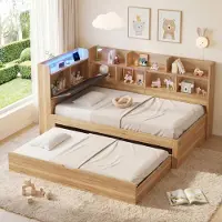 STILVORA Kinderbed 90x200 cm – Met Uitschuifbed 90x190 cm En Led-Verlichting – Met Opbergruimte En Oplaadpunt – Zonder Matras – Natuurlijk