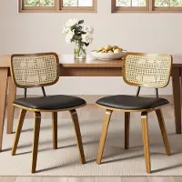 Glamour Design Eetkamerstoelen Set van 2 – Luxe Rattan Rugleuning & Faux Leer Zitting – Ergonomische Dining Chairs 48 cm Zithoogte, 55.5 x 47 x 82 cm – Bentwood Houten Poten