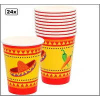 Partyxplosion 24x Feest bekers Mexico Fiesta 250ml rood/geel karton - Landen Zomer Summer beach festival party tropical - Mexicaanse Bekers Fiesta 250ml