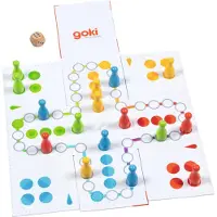 Goki Bordspel: MENS-ERGER-JE-NIET XXL 45x45cm, 18-delig, opvouwbare kubus 15x15x15cm, magnetische sluiting, 4+