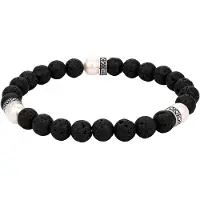 KUZZOI - Armband - Armband Heren Cirkel Lava Zwart Synthetische Parels 925 Sterling Zilver 21 cm -