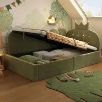 OKWISH Daybed 90x200 cm - Met Hydraulische Opbergruimte - L-Vormig Logeerbed - Verwisselbare Zijde - Fluweel - Groen - Zonder Matras