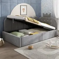 MODFU Beklede bedbank, uitschuifbaar bed 90x190 met kroon- en roosterdesign, kinderbed met opbergruimte (hydraulisch), eenpersoonsbed geschikt voor een kinderkamer, zonder matras, grijs