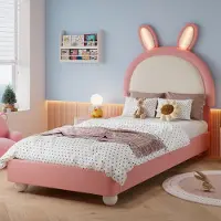 OKWISH Gestoffeerd kinderbed 90x200 met konijnenkop, eenpersoonsbed, bedframe, LED-lichtstrip, zachte, antival-schuimranden, roze (zonder matras)
