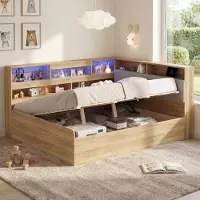 STILVORA Daybed 140x200 cm – Met Led, USB en Hydraulische Opbergruimte – Jeugdkamer – MDF – Naturel – Zonder Matras