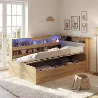 OKWISH Daybed 90x200 cm - Hydraulisch Opbergbed Met USB C En Led - Met Opbergvakken - MDF - Naturel - Zonder Matras