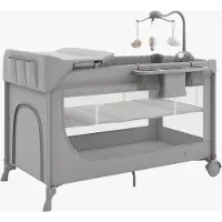 Kinderkraft LEODY UP - 2-in-1 reisbedje - met verschoontafel en organizer - inklapbaar - met muziek mobiel - Grijs