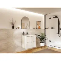 Vente-unique Gestreept hangmeubel voor badkamer met inbouwwastafel - Mat wit - 60 cm - ZEVINI