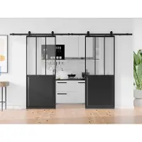 Vente-unique Dubbele schuifdeur in atelierstijl met opbouwsysteem - Zwart MDF en gehard glas - 2 x H205 x L93 cm - ARTISTO II