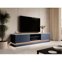 Vente-unique Tv-meubel met 2 lades en 2 nissen met ledverlichting - Mdf - Blauw met wit marmereffect - DEVIKA - van Pascal Morabito