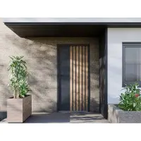 Vente-unique Massieve stalen voordeur H 207 x B 100 cm - Antraciet met eikenhouten strepen - 55 mm dik - rechtsdraaiend - COBRITA